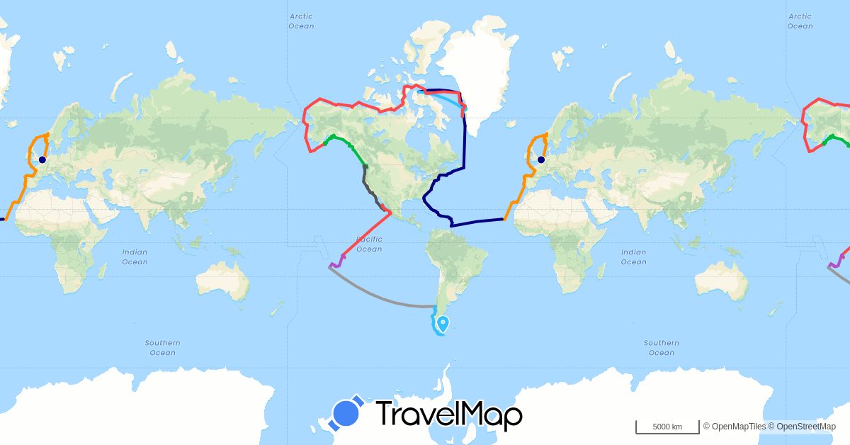 TravelMap itinerary: driving, bus, plane, train, hiking, boat, hitchhiking, motorbike in Antigua and Barbuda, Belgium, Bahamas, Canada, Chile, Cape Verde, Dominican Republic, Spain, France, United Kingdom, Grenada, Greenland, Guadeloupe, Ireland, Saint Kitts and Nevis, Saint Martin, Martinique, Mexico, Netherlands, Norway, French Polynesia, Portugal, Turks and Caicos Islands, United States, Saint Vincent and the Grenadines, British Virgin Islands (Africa, Europe, North America, Oceania, South America)